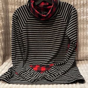 Hawthorne Striped Black and Gray Top with Red Plaid Accents